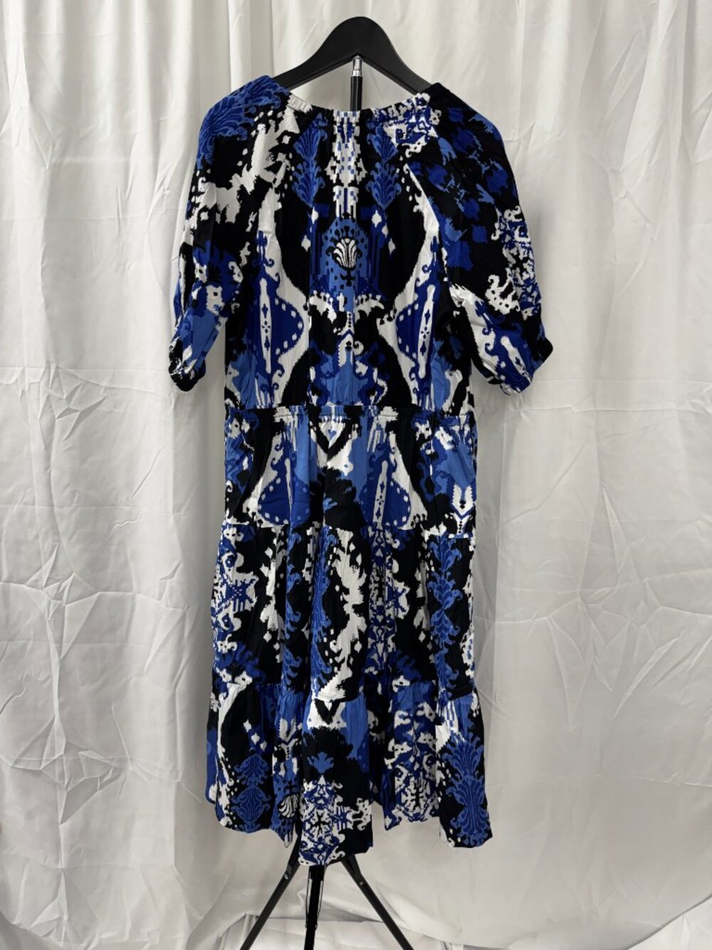 Chicos Ikat Puff Sleeve Smocked Tiered Midi Dress Navy White Sz L 14 - Picture 6 of 15
